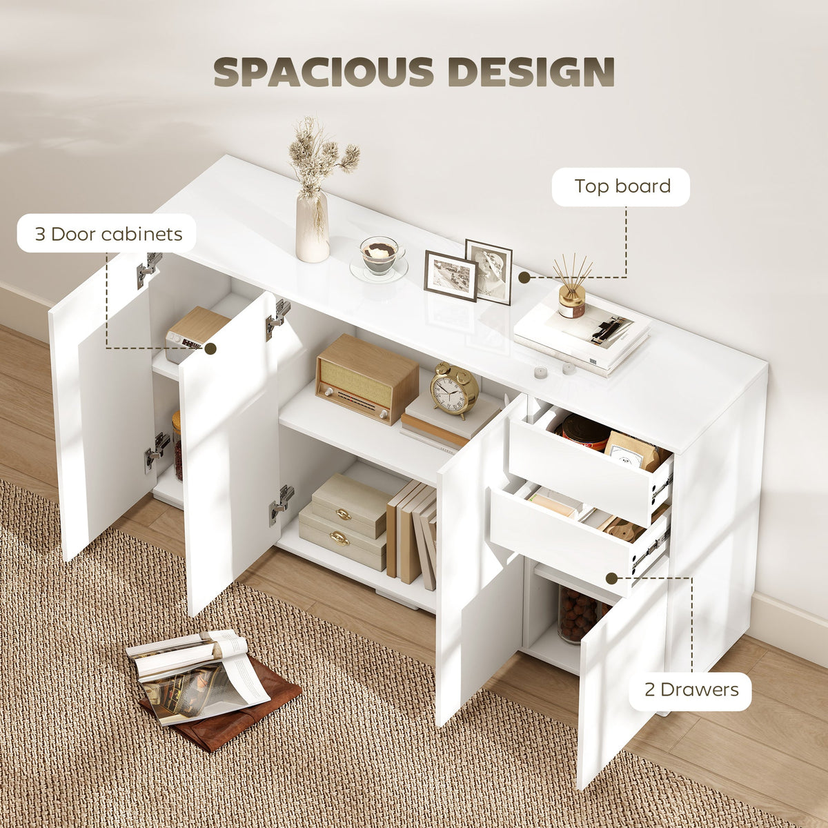 Kitchen Sideboard Storage Cabinet, Modern Coffee Bar with Push-Open Design and 2 Drawers for Living Room, White