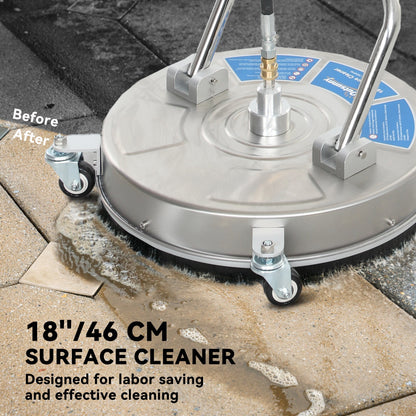 16" Pressure Washer Surface Cleaner with 4 Wheels, Stainless Steel Power Washer Surface Cleaner with 1/4" Quick Connector, 2 Extension Wands, 3600 PSI, Silver