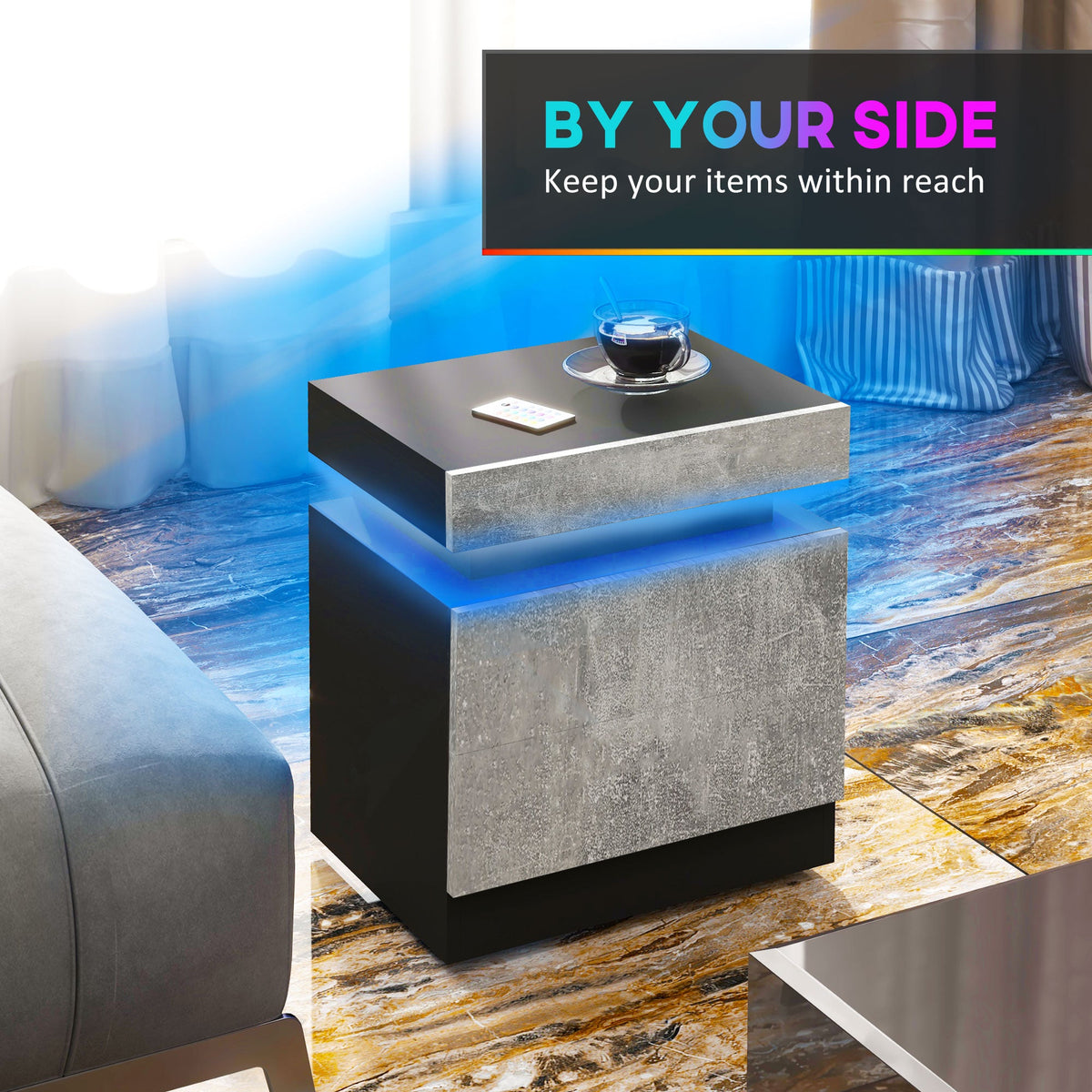 Nightstand, Bedside Table with LED Lights and 2 Drawers for Bedroom, Living Room, Cement Grey