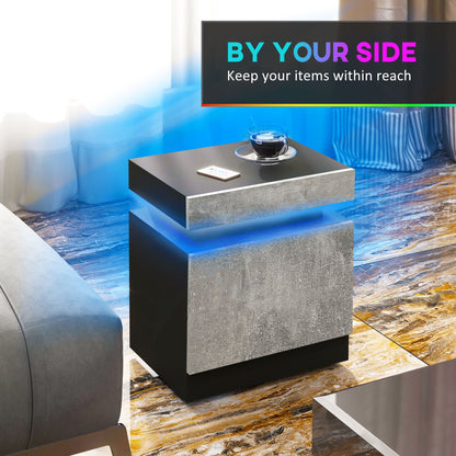 Nightstand, Bedside Table with LED Lights and 2 Drawers for Bedroom, Living Room, Cement Grey