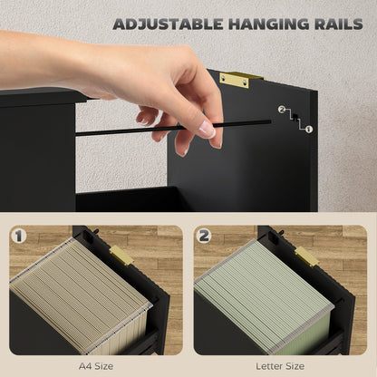 Lockable Filing Cabinet with 2 Fluted Drawers, File Cabinet with Adjustable Hanging Rails for A4 Letter Files, Black