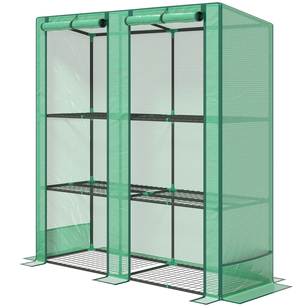 Mini Greenhouse with 3 Tier Shelves, 3 Roll-Up Doors for Indoor Outdoor, Green
