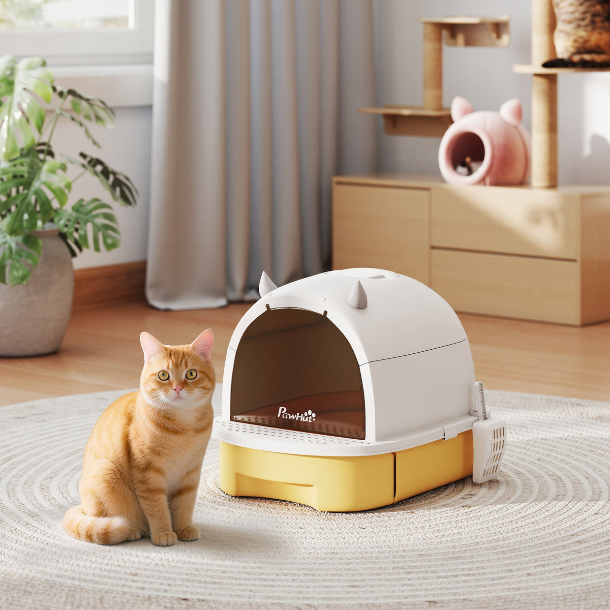 Cat Litter Box with Lid, Front Door Flap, Scoop, Handle, Easy Clean, for Small and Medium Cats, Green
