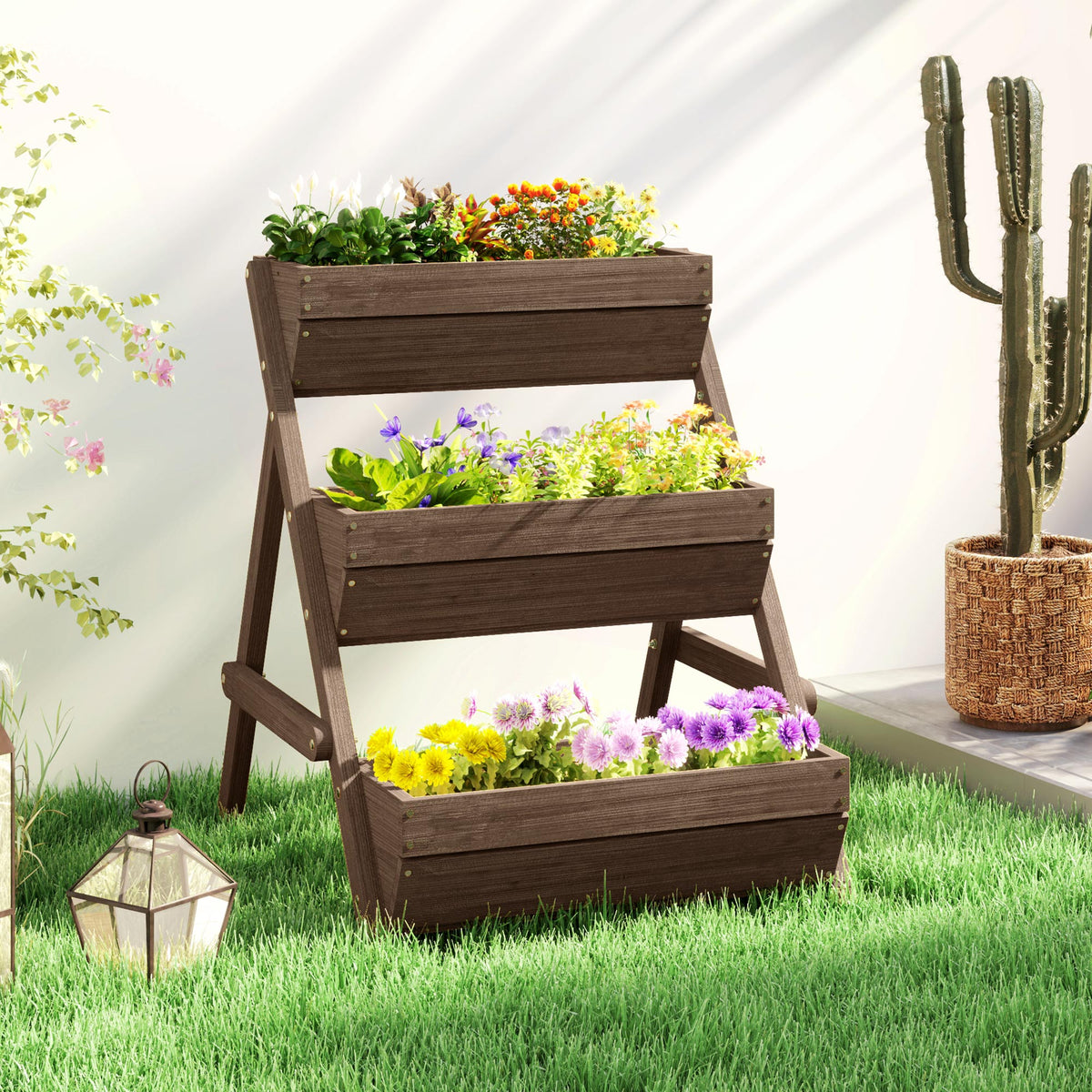 3 Tier Elevated Planter Box, Vertical Wooden Raised Garden Bed for Flowers, Vegetables, 26" x 30" x 30", Brown
