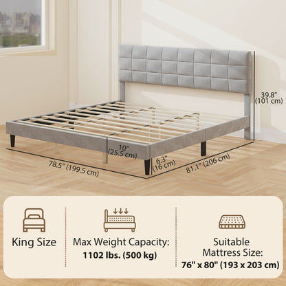 Harper King Size Platform Bed Frame with Upholstered Headboard-Grey