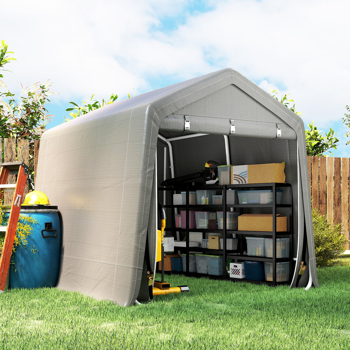 7.9' x 6.6' Garden Storage Tent, Patio Storage Shelter w/ Metal Frame and Double Zipper Doors, Dark Grey