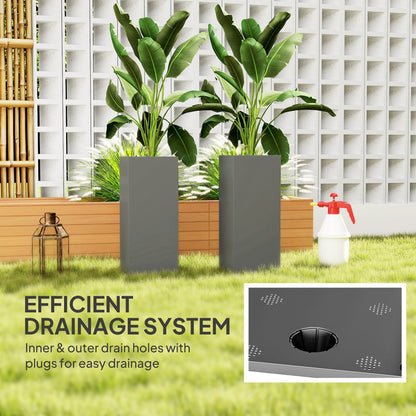 2 Pack Planter Box, 26 Inch Plastic Flower Pots with Water Level Indicator, Drainage Hole and Drain Plug, Dark Grey