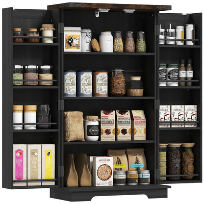 Kitchen Pantry Cabinet with 4-tier Shelving, 6 Spice Racks, Farmhouse Storage Cabinet with Adjustable Shelves, Easy Cleaning, White