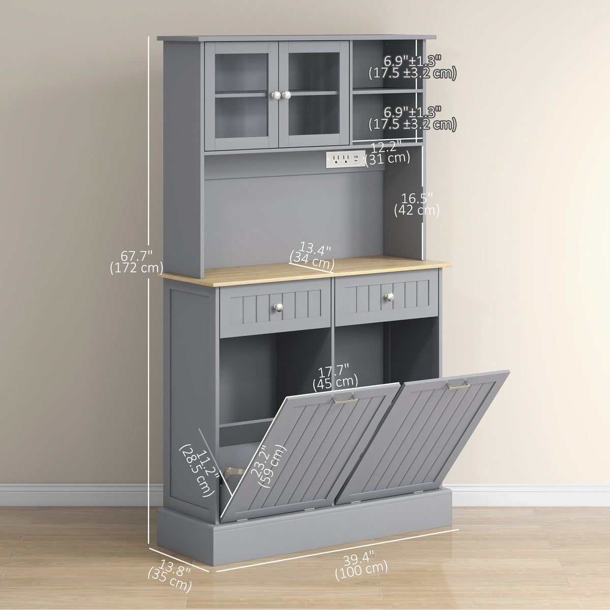 Kitchen Cabinet with Charging Station, 2 Tilt Out Cabinets, Microwave Stand, Freestanding Kitchen Pantry Cabinet, Black