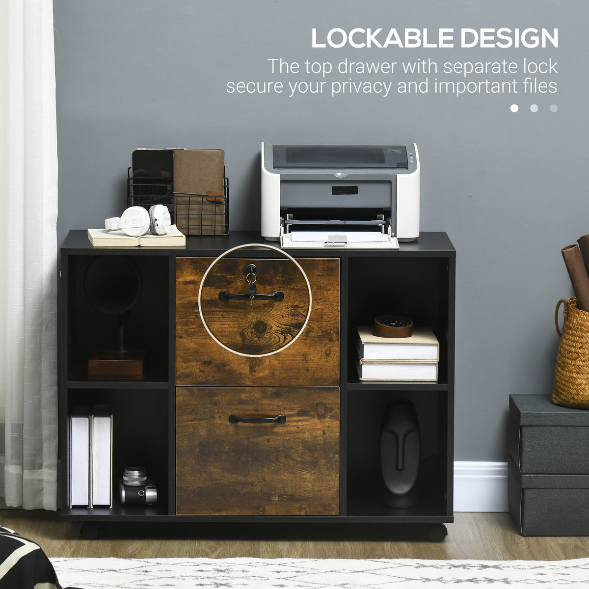 Lateral Filing Cabinet with Wheels and Lockable Drawer, File Cabinet, Mobile Printer Stand with Open Shelves for Letter and A4 Size Documents for Home Office, Grey
