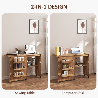 Sewing Machine Cabinet, Folding Sewing Table with Storage Shelf, Bins and Lockable Wheels for Small Space, Brown