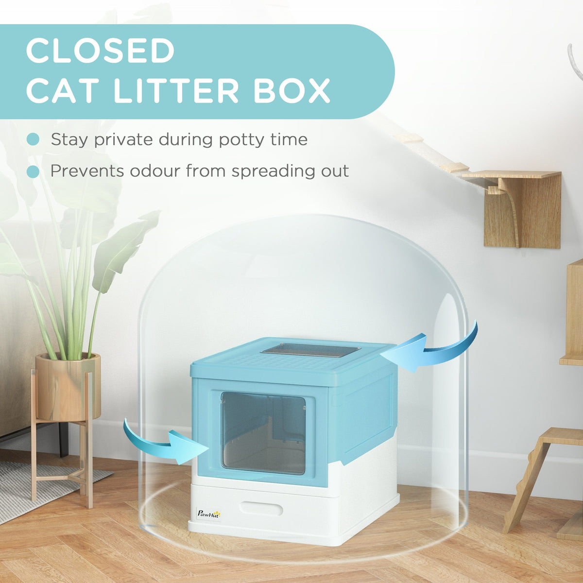 Top Entry Enclosed Kitty Litter Box with Scoop, Tray, Front Entry, Large Space, Foldable, Portable, Grey