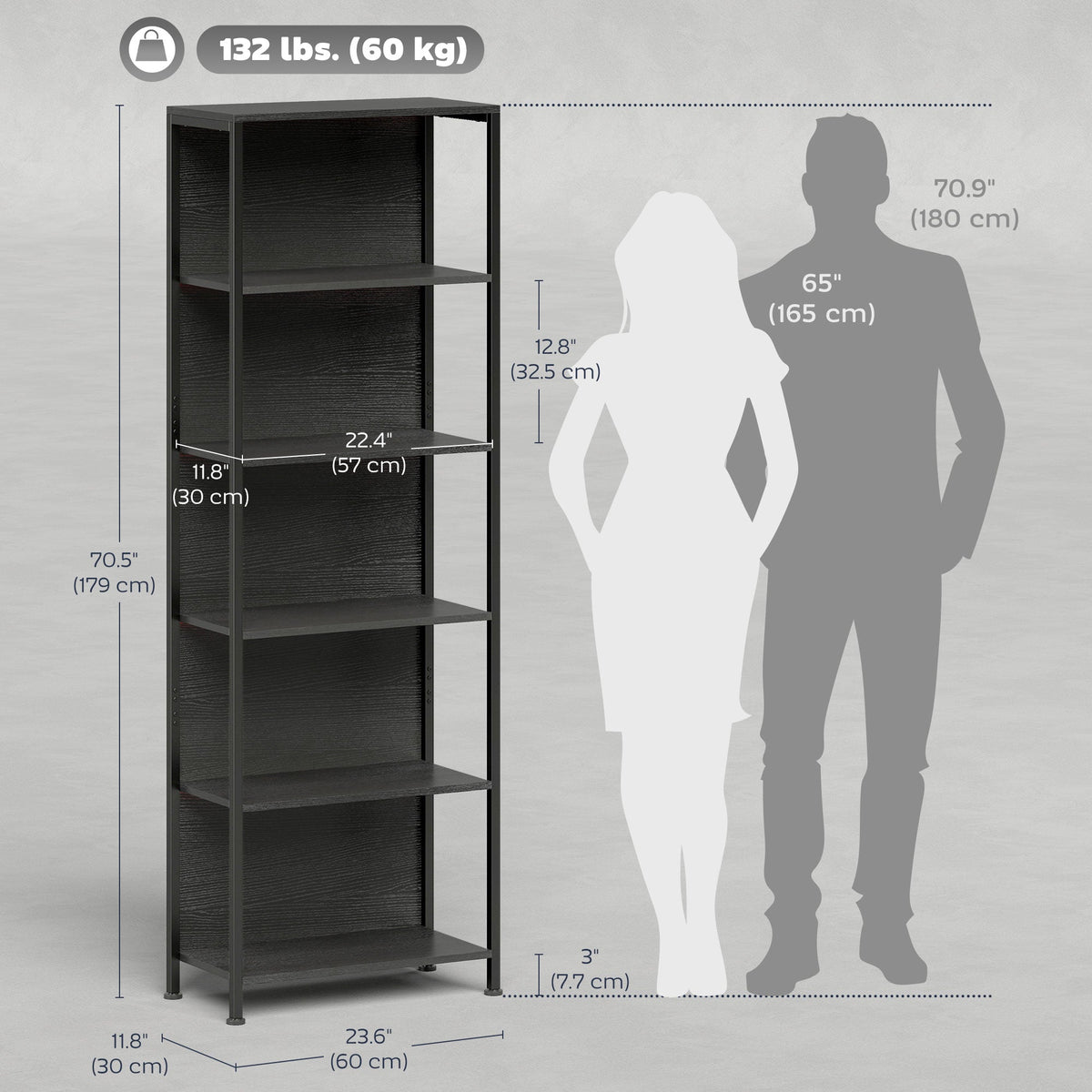 5-Tier Bookshelf, Freestanding Bookcase with LED Lights and Metal Frame for Living Room, Bedroom, Home Office, Black