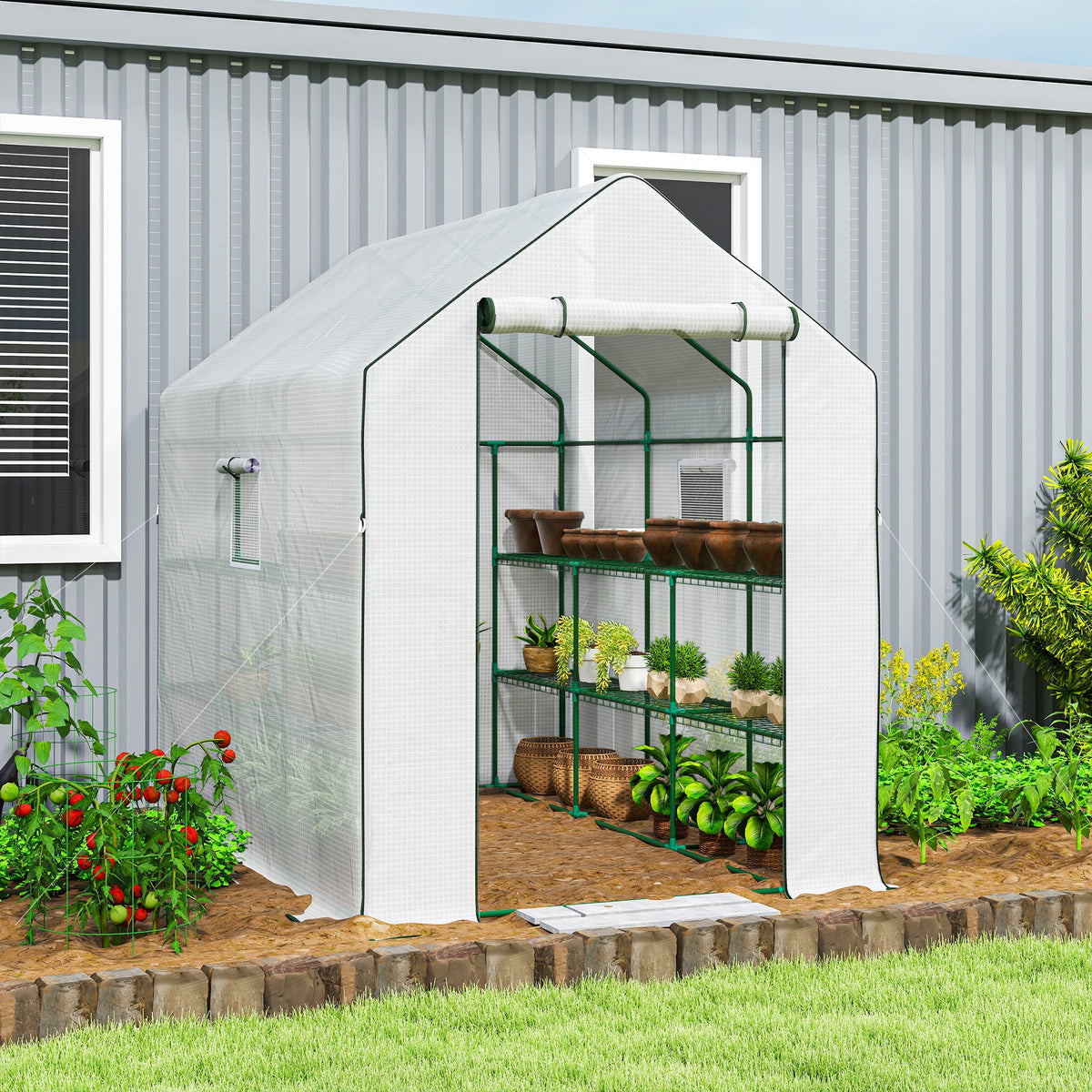 Walk-in Greenhouse with 3 Tier, Garden Plant Growhouse with Roll-up Door and Mesh Windows, 140 x 213 x 190 cm, Green