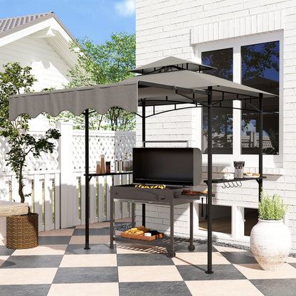 8' x 7.6' Grill Gazebo, Double Tiered Barbecue Grill Gazebo Shelter w/ Side Awning, 2 Side Shelves, 6 Hooks, Beige