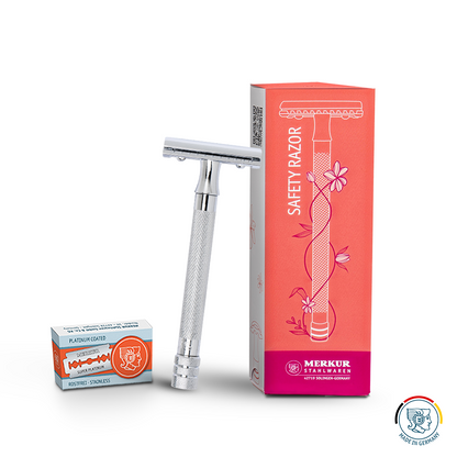 Merkur 3-Piece Ladies DE Safety Razor, Closed Comb, Knurled Extra Long Handle, Chrome, Pink Box