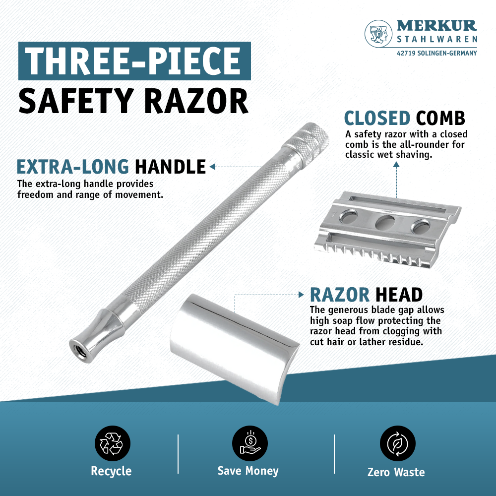 Merkur 3-Piece Ladies DE Safety Razor, Closed Comb, Knurled Extra Long Handle, Chrome, Pink Box