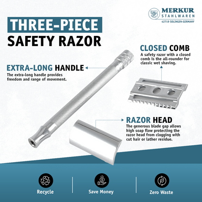 Merkur 3-Piece Ladies DE Safety Razor, Closed Comb, Knurled Extra Long Handle, Chrome, Pink Box