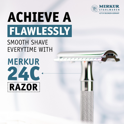 Merkur 3-Piece Ladies DE Safety Razor, Closed Comb, Knurled Extra Long Handle, Chrome, Pink Box