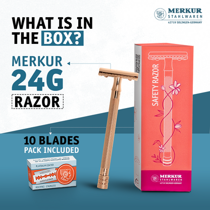 Merkur 3-Piece Ladies DE Safety Razor, Closed Comb, Knurled Extra Long Handle, Rose Gold, Pink Box