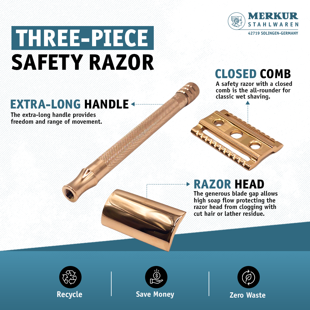 Merkur 3-Piece Ladies DE Safety Razor, Closed Comb, Knurled Extra Long Handle, Rose Gold, Pink Box