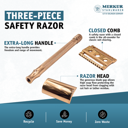 Merkur 3-Piece Ladies DE Safety Razor, Closed Comb, Knurled Extra Long Handle, Rose Gold, Pink Box