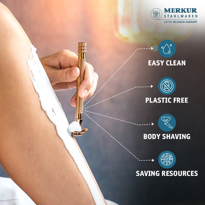 Merkur 3-Piece Ladies DE Safety Razor, Closed Comb, Knurled Extra Long Handle, Rose Gold, Pink Box
