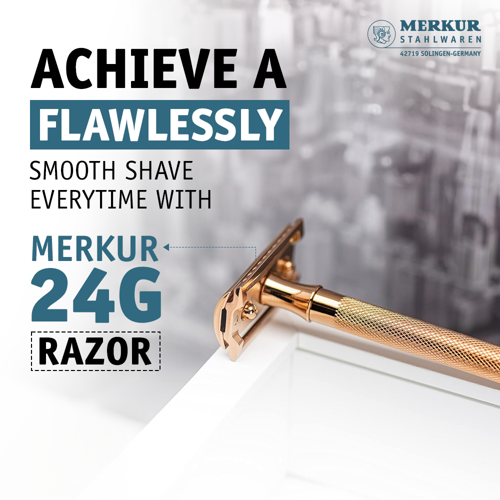 Merkur 3-Piece Ladies DE Safety Razor, Closed Comb, Knurled Extra Long Handle, Rose Gold, Pink Box
