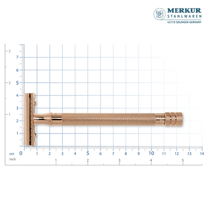 Merkur 3-Piece Ladies DE Safety Razor, Closed Comb, Knurled Extra Long Handle, Rose Gold, Pink Box