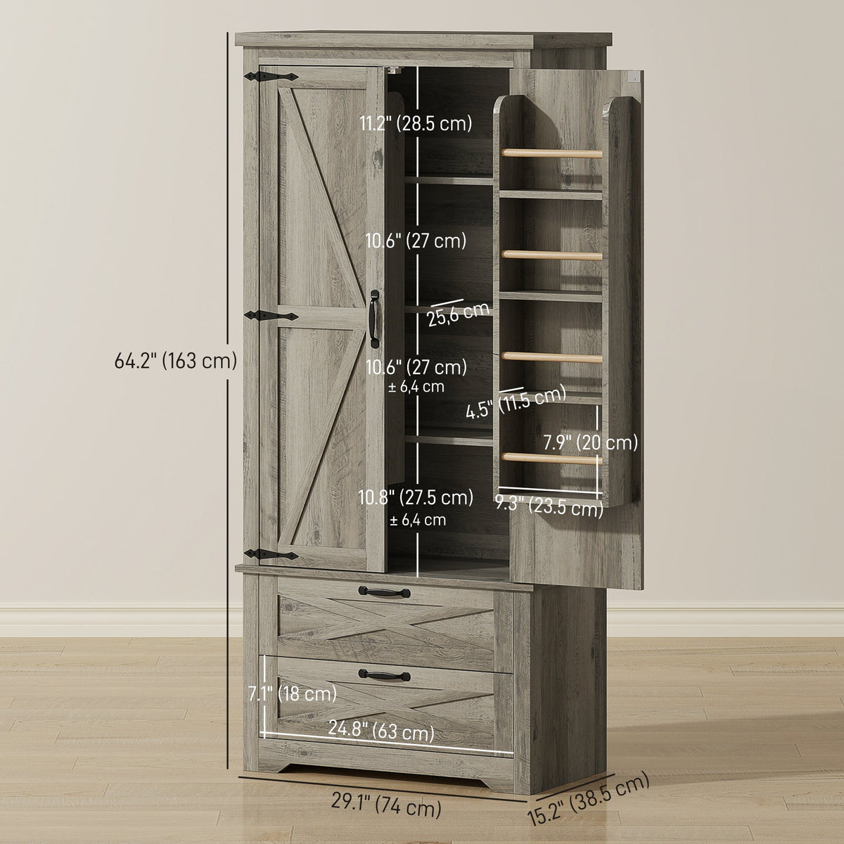Farmhouse Kitchen Pantry Storage Cabinet, 64" Freestanding Kitchen Pantry Cabinet with Drawers, Distressed Black