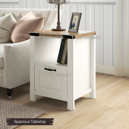 Side Table with Storage, Farmhouse End Table with Drawer, Open Shelf and Barn-style Panel, Nightstand for Living Room, Bedroom, Oak