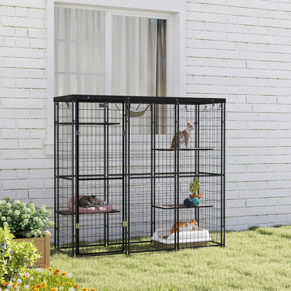 Weld Wire Catio Outdoor Indoor with Waterproof Cover, 4 Jumping Platforms, Hammock, 69" x 22" x 62", Black