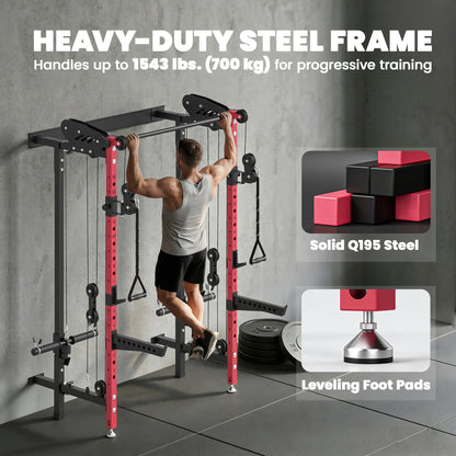 Foldable Power Cage, Space-Saving Power Rack with Pull-Up Bar, Cable Pulley System, 1540 lbs Capacity