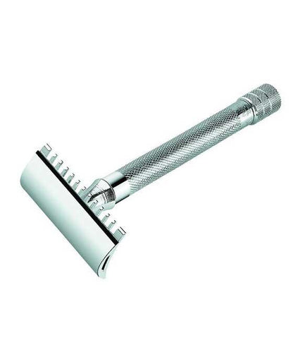 Merkur 25C 3-Piece DE Safety Razor, Open Tooth Comb, Knurled Extra Long Handle, Chrome