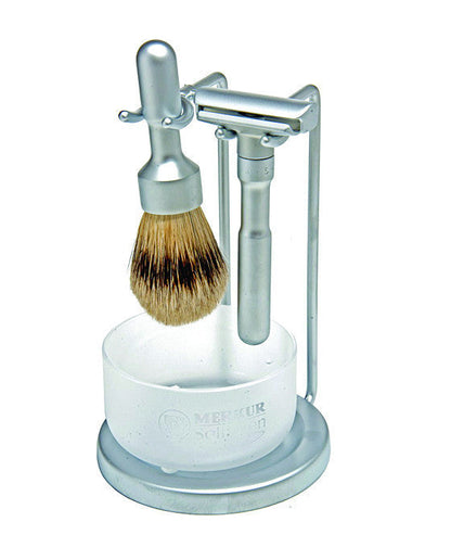Merkur 4-Piece Shaving Set with Futur Adjustable Razor (700002), Silver Tip Badger Shave Brush, Round Razor Stand and Crystal Glass Shave Bowl, Matte