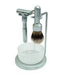 Merkur 4-Piece Shaving Set with Futur Adjustable Razor (700002), Silver Tip Badger Shave Brush, Round Razor Stand and Crystal Glass Shave Bowl, Matte
