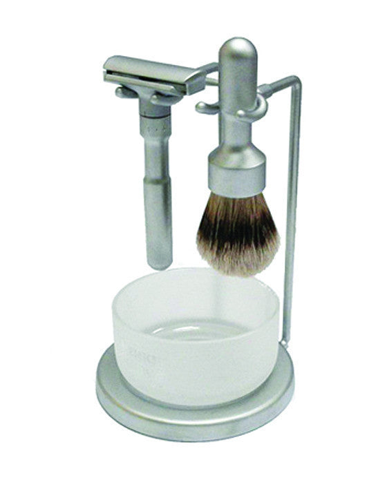 Merkur 4-Piece Shaving Set with Futur Adjustable Razor (700002), Silver Tip Badger Shave Brush, Round Razor Stand and Crystal Glass Shave Bowl, Matte