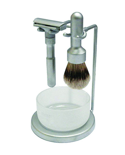 Merkur 4-Piece Shaving Set with Futur Adjustable Razor (700002), Silver Tip Badger Shave Brush, Round Razor Stand and Crystal Glass Shave Bowl, Matte
