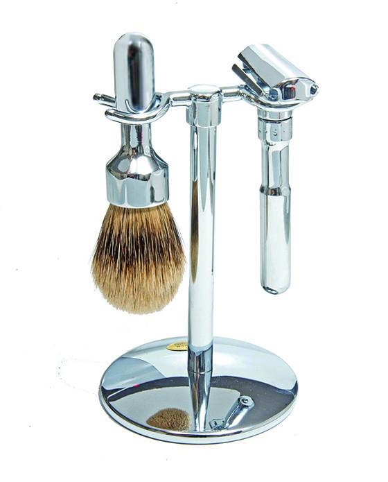 Merkur Shaving Set with Futur DE Safety Razor, Silver Tip Badger Shave Brush and  3-piece Stand, Chrome