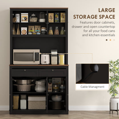 71" Pantry Cabinet with Microwave Space, Buffet with Hutch, 2 Drawers, Adjustable Shelves and Glass Doors, Blue