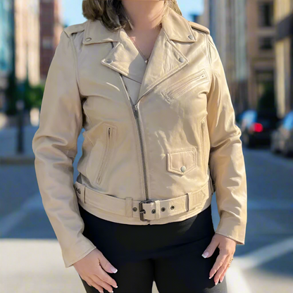 Women's Lamb Leather Biker Style Jacket with Belt