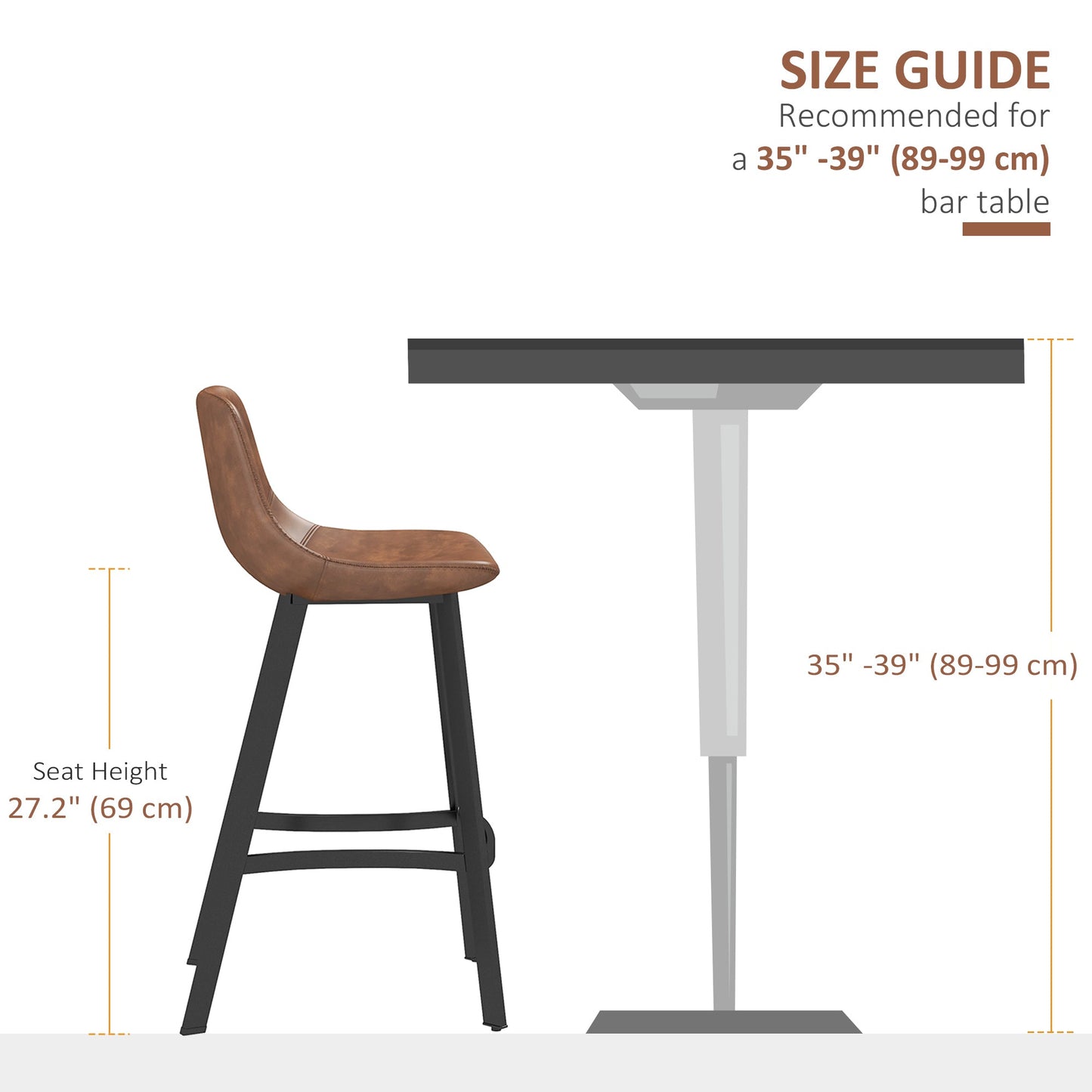 Andre Counter Height Stools with  Backrest and Steel Legs-Set of 2-Brown