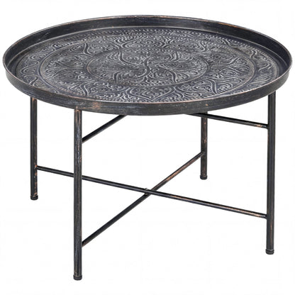 Vintage Coffee Table for Living Room, 24" Round Center Table with Hammered Tray Top and Metal Frame, Pewter