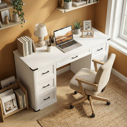 55" Computer Desk with 7 Drawers, Farmhouse Executive Desk for Home Office, Study, Bedroom, Black Wood Grain