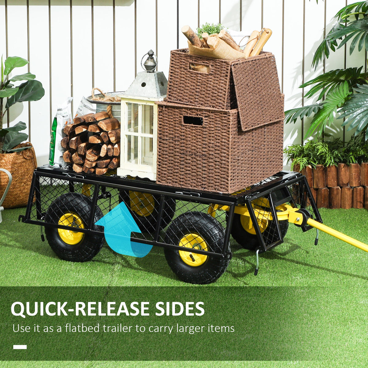 Garden Cart, Utility Wagon Cart with Removable Sides, Convert into Flatbed, 10" Wheels, 180° Rotating Handle, Green