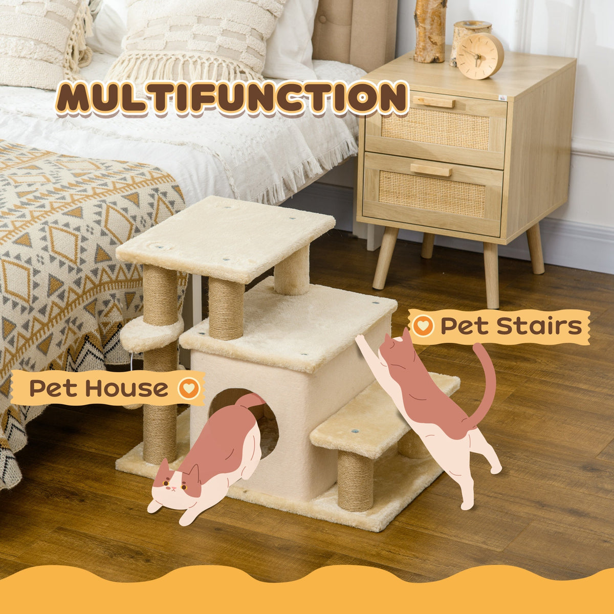 Cat Stairs Pet Steps for Couch Bed with Scratching Posts Condo Ball Toy, 23.6" x 15.7" x 26", Grey