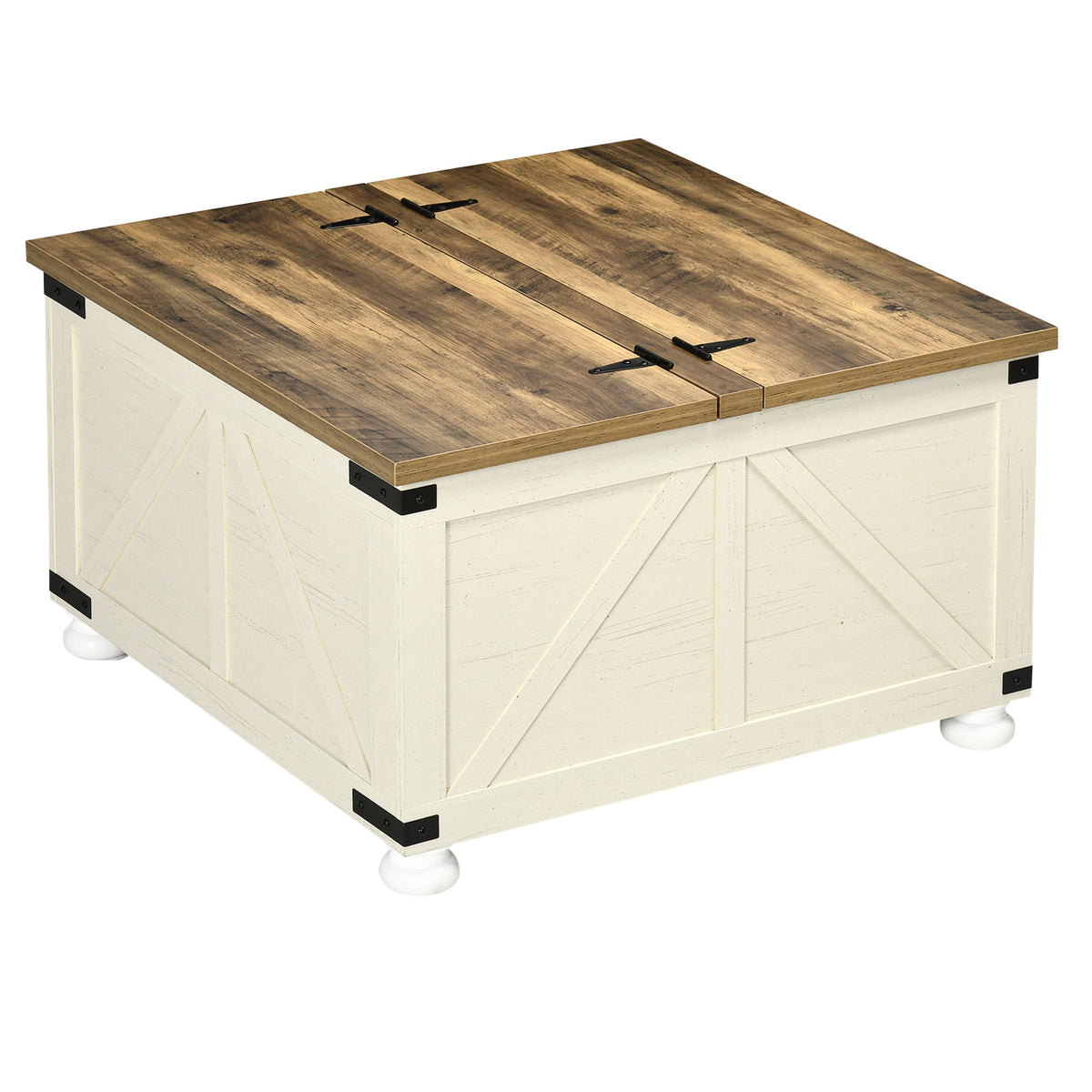 Farmhouse Coffee Table, Square Center Table with Flip-top Lids, Hidden Storage Compartment and Wooden Legs, Oak