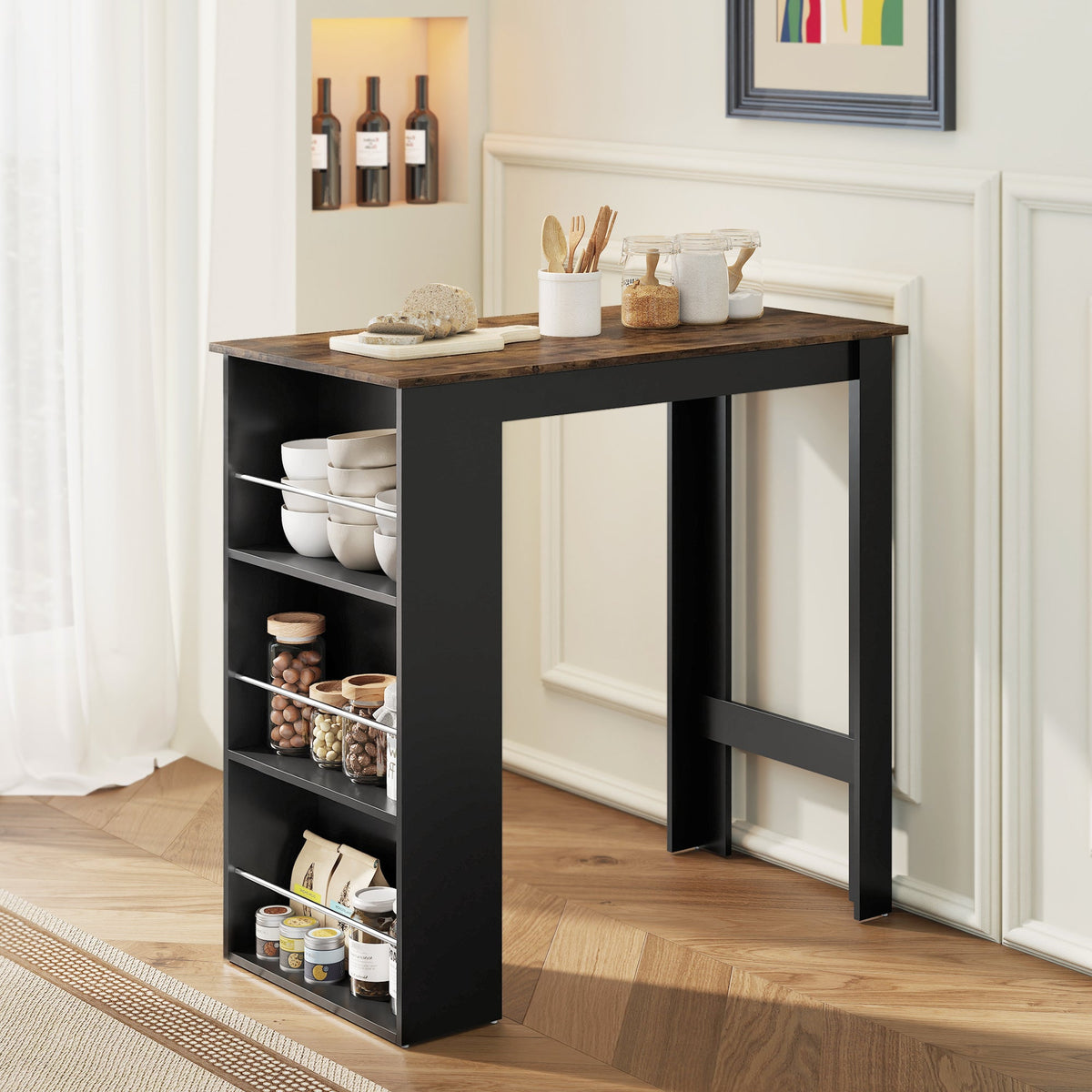 Bar Table Counter Height Dining Table with 3 Storage Shelves for Kitchen, Dining Room, Living Room, Natural