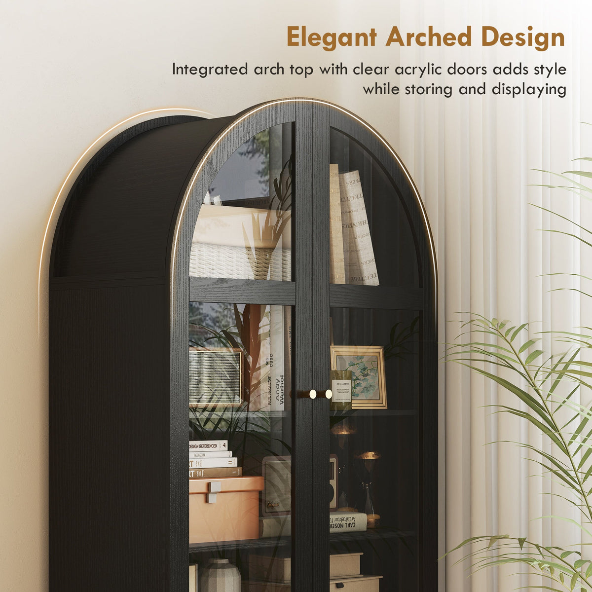 Arched Kitchen Pantry Cabinet, 71" Tall Farmhouse Kitchen Storage Cabinet with Acrylic Glass Doors, Oak