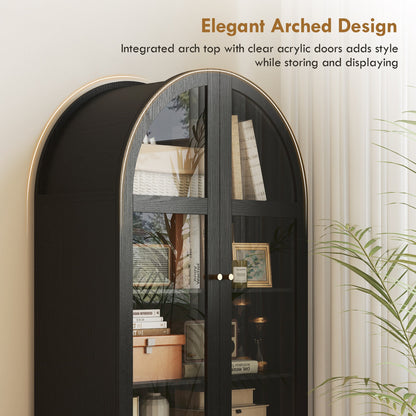Arched Kitchen Pantry Cabinet, 71" Tall Farmhouse Kitchen Storage Cabinet with Acrylic Glass Doors, Oak